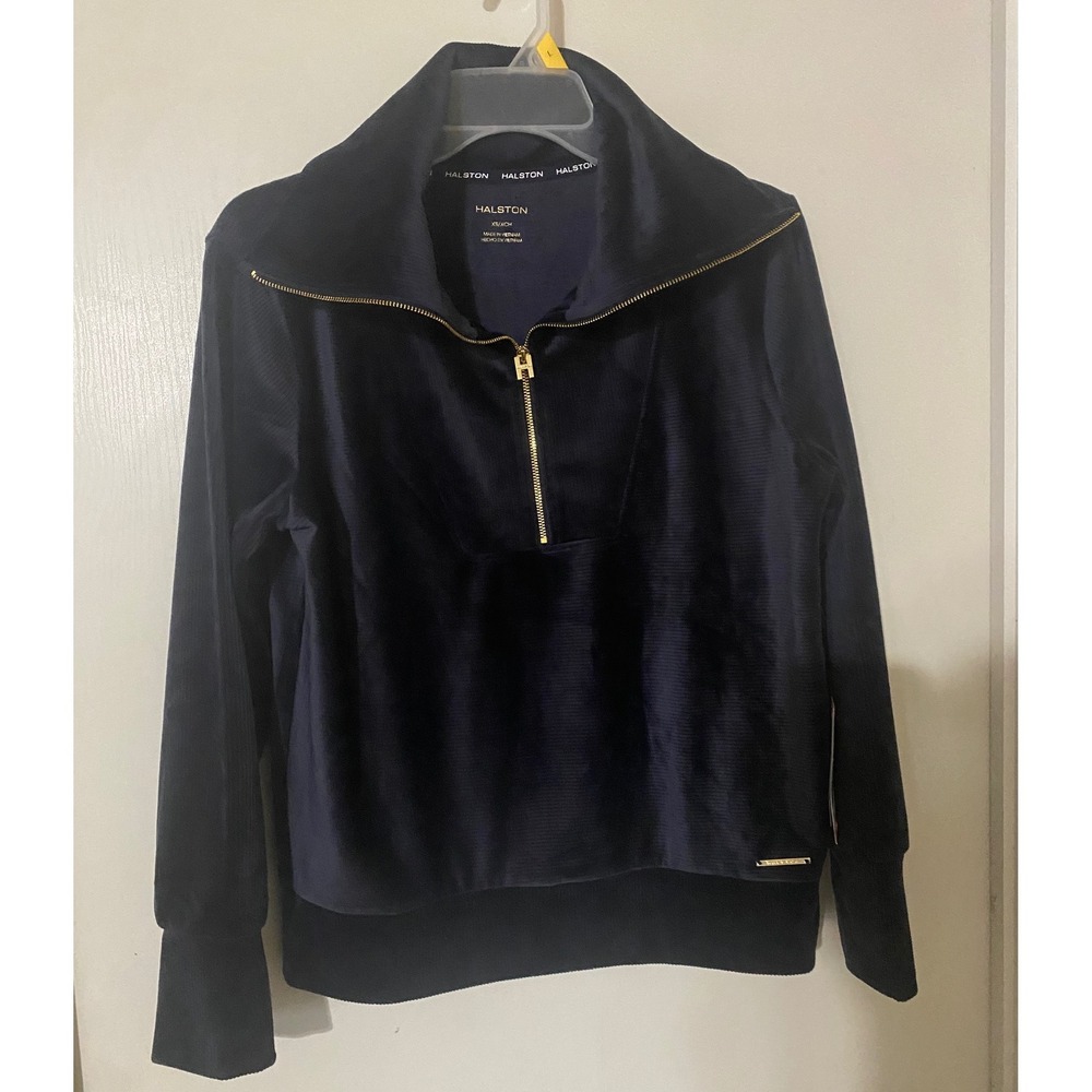 Halston Velour Quarter Zip Navy Blue Long Sleeve Ribbed Pull Over Women's Sz XS